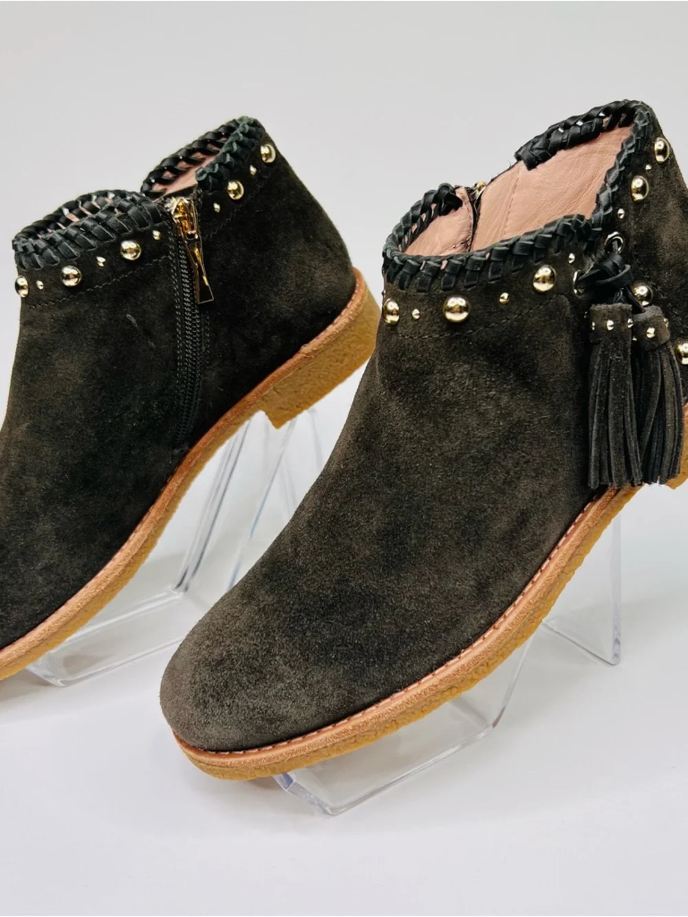 Kate Spade Bowie Tassel Olive Green Suede Side Zip Studded Ankle Booties Women 7